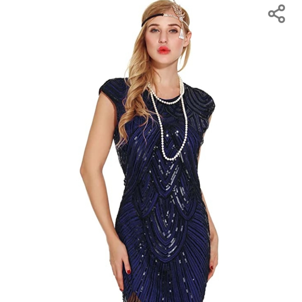 Navy Beaded Cap Sleeve Flapper Dress
